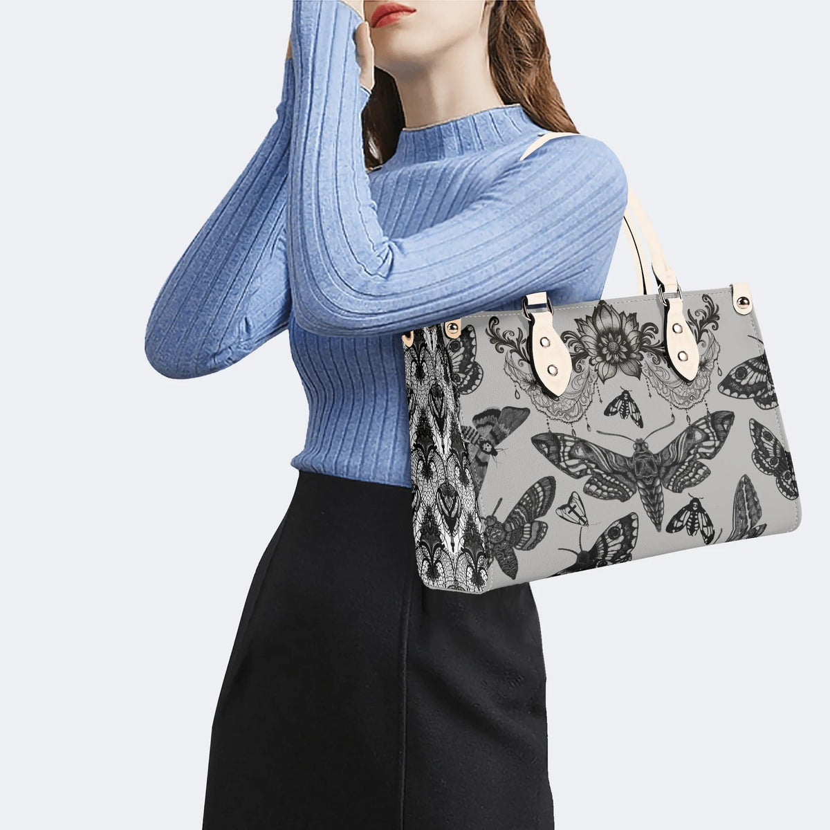 Vintage Moth And Black Lace Print - Leather Handbag