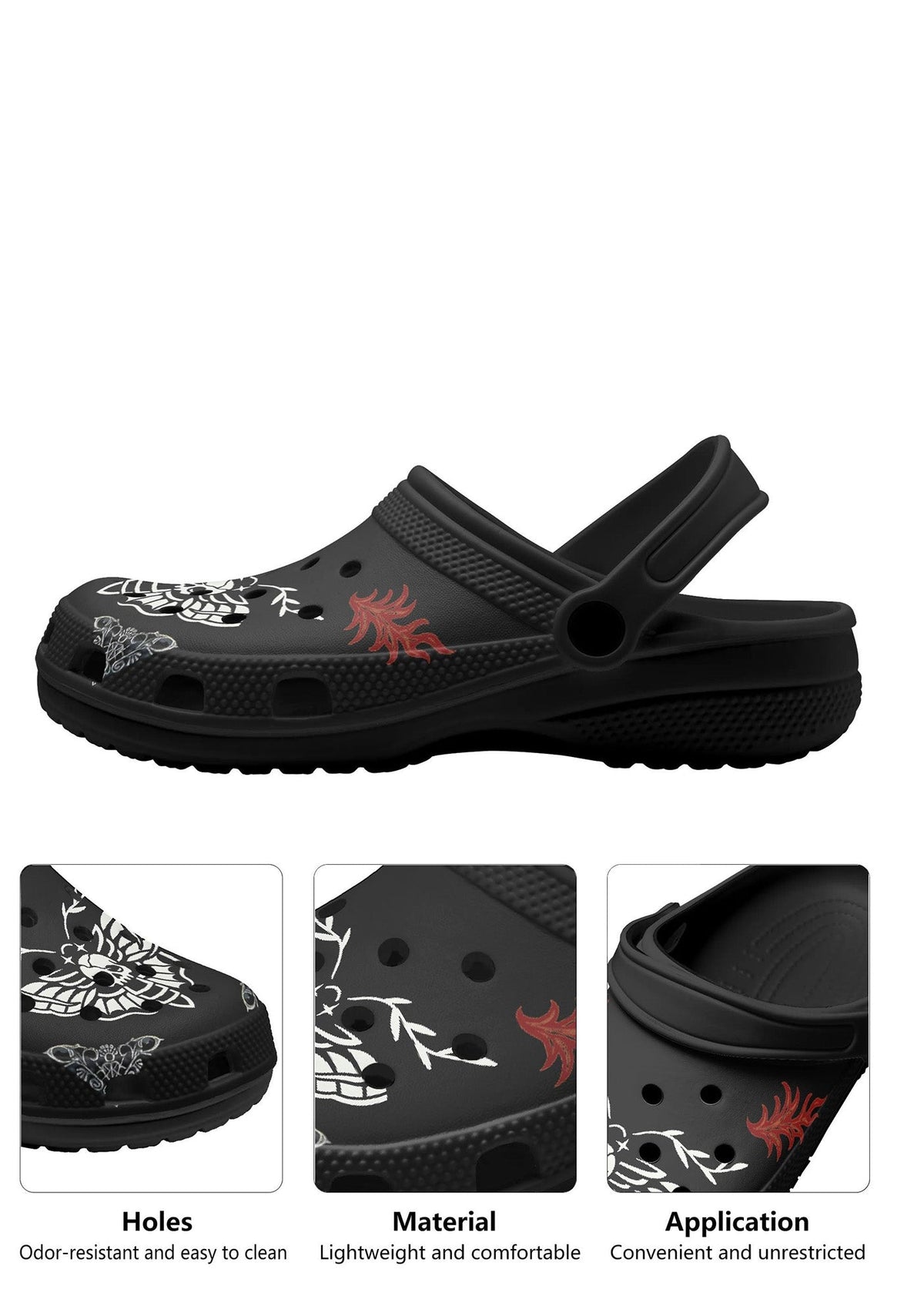 Close-up details of Whispers In Bloom Slippers in black showing skull moth, flames and perforations