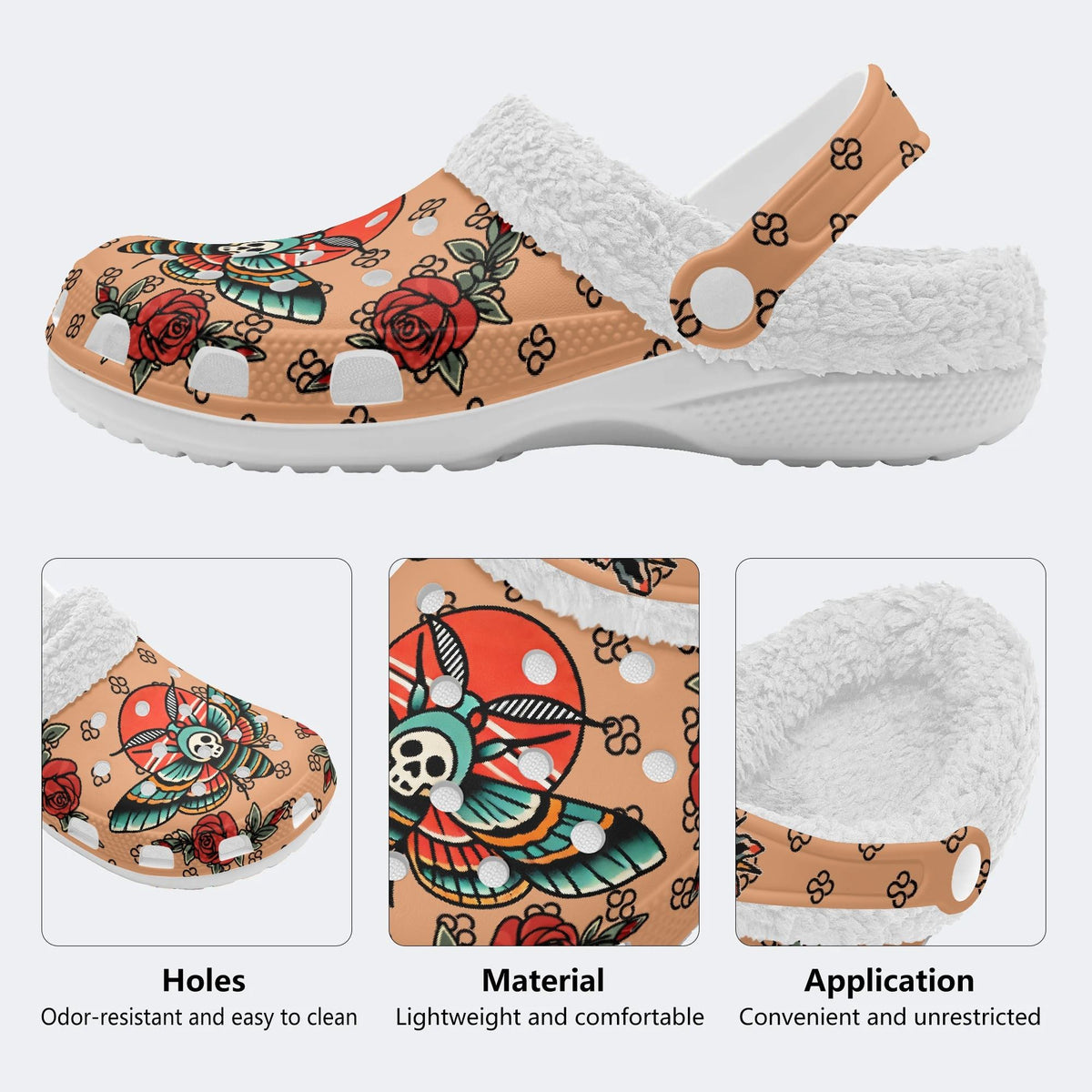 Vintage Rose Death Moth - Fur Lined Slippers/Sandals