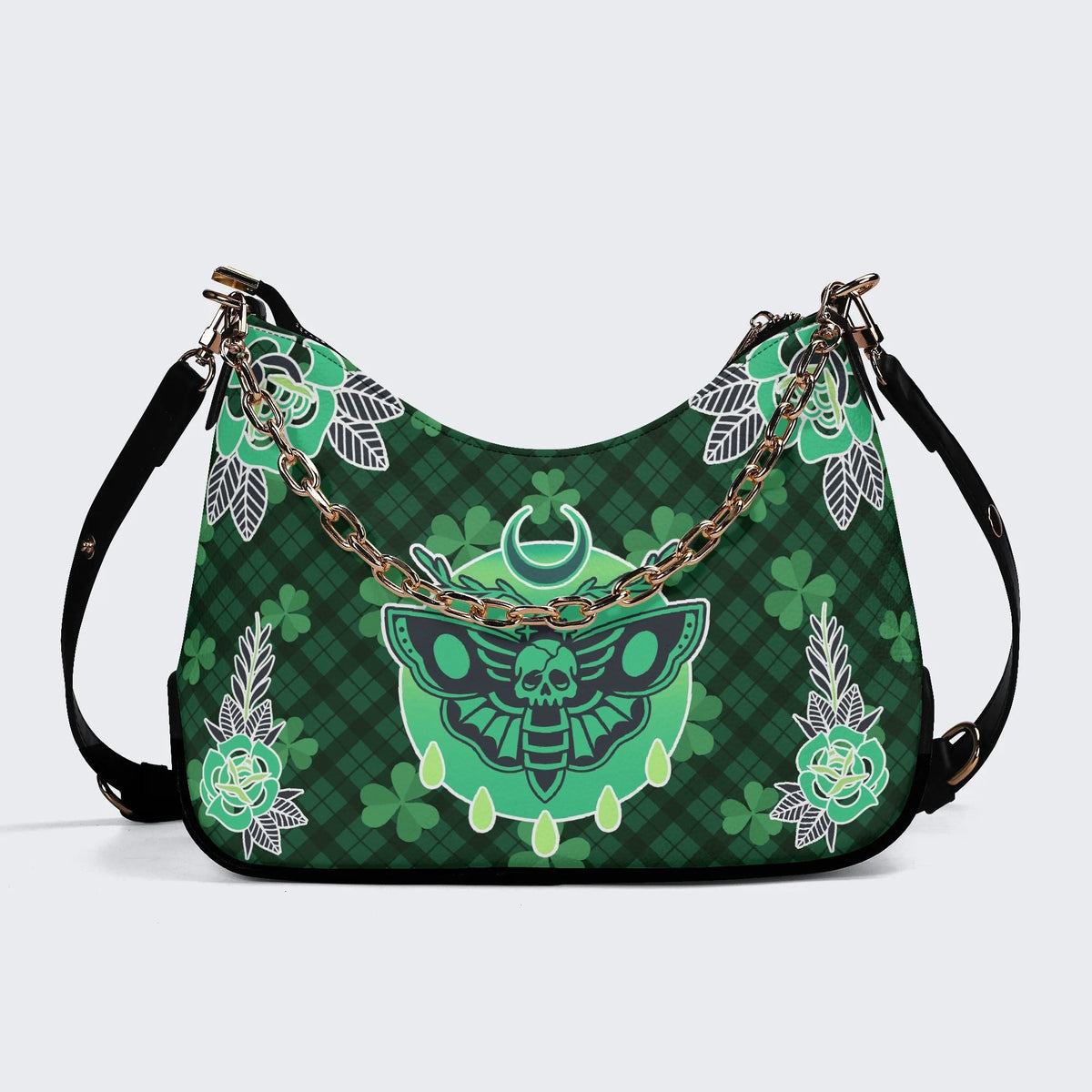 Green Plaid Death Moth - Leather Crossbody Bag