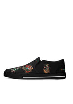 Side view of black tattoo frog shoes with cowboy frog smoking on a snail and embroidered heel text