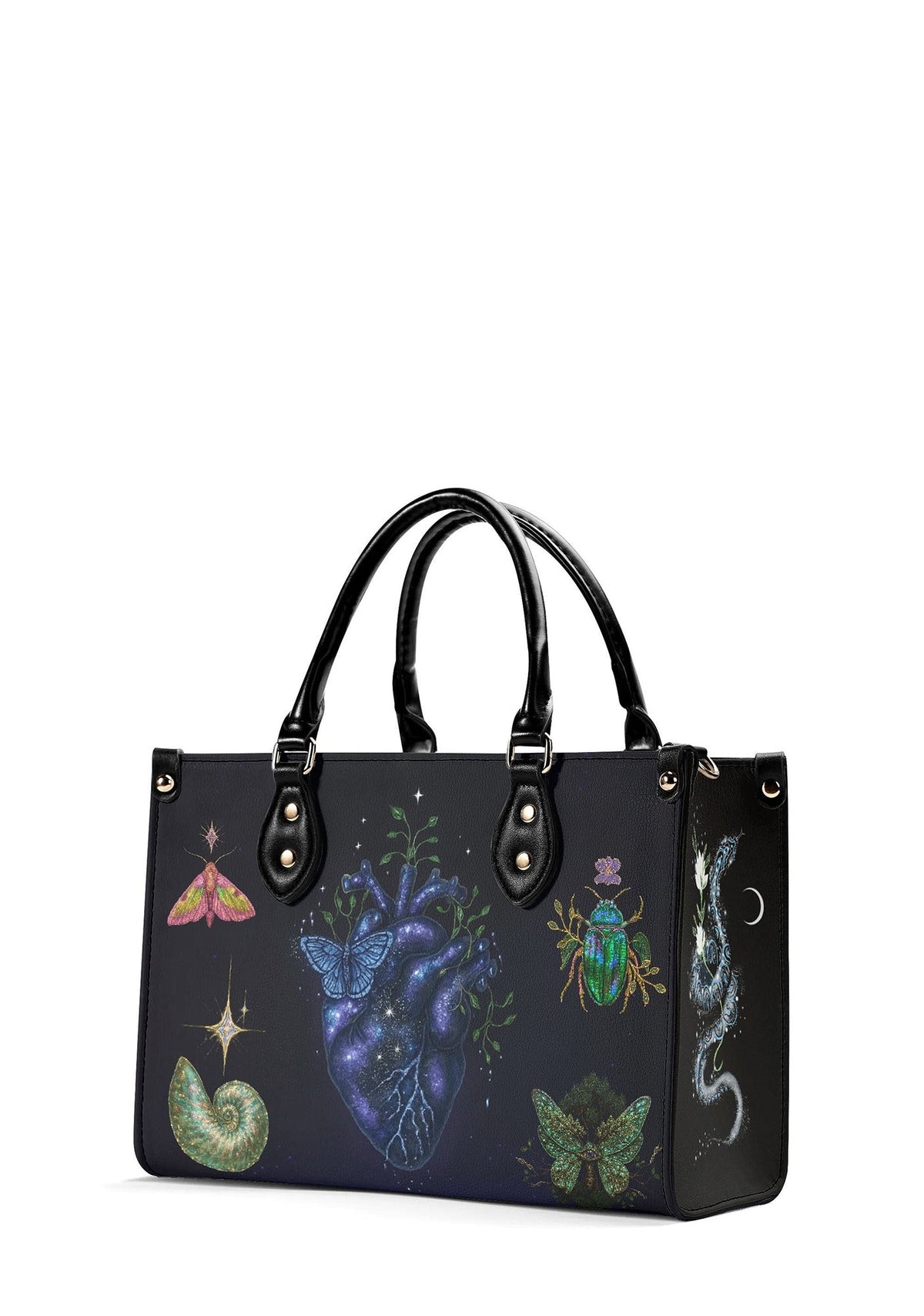 Side view of mystical gothic tote with lunar heart and glowing insect details
