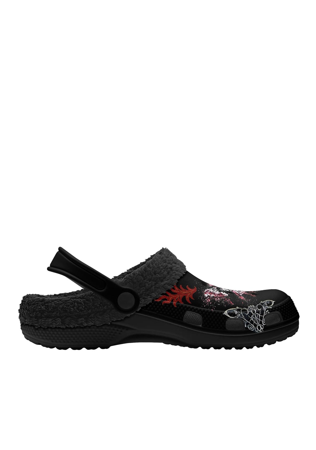 Inner view of black slippers with fleece lining and tattoo detail