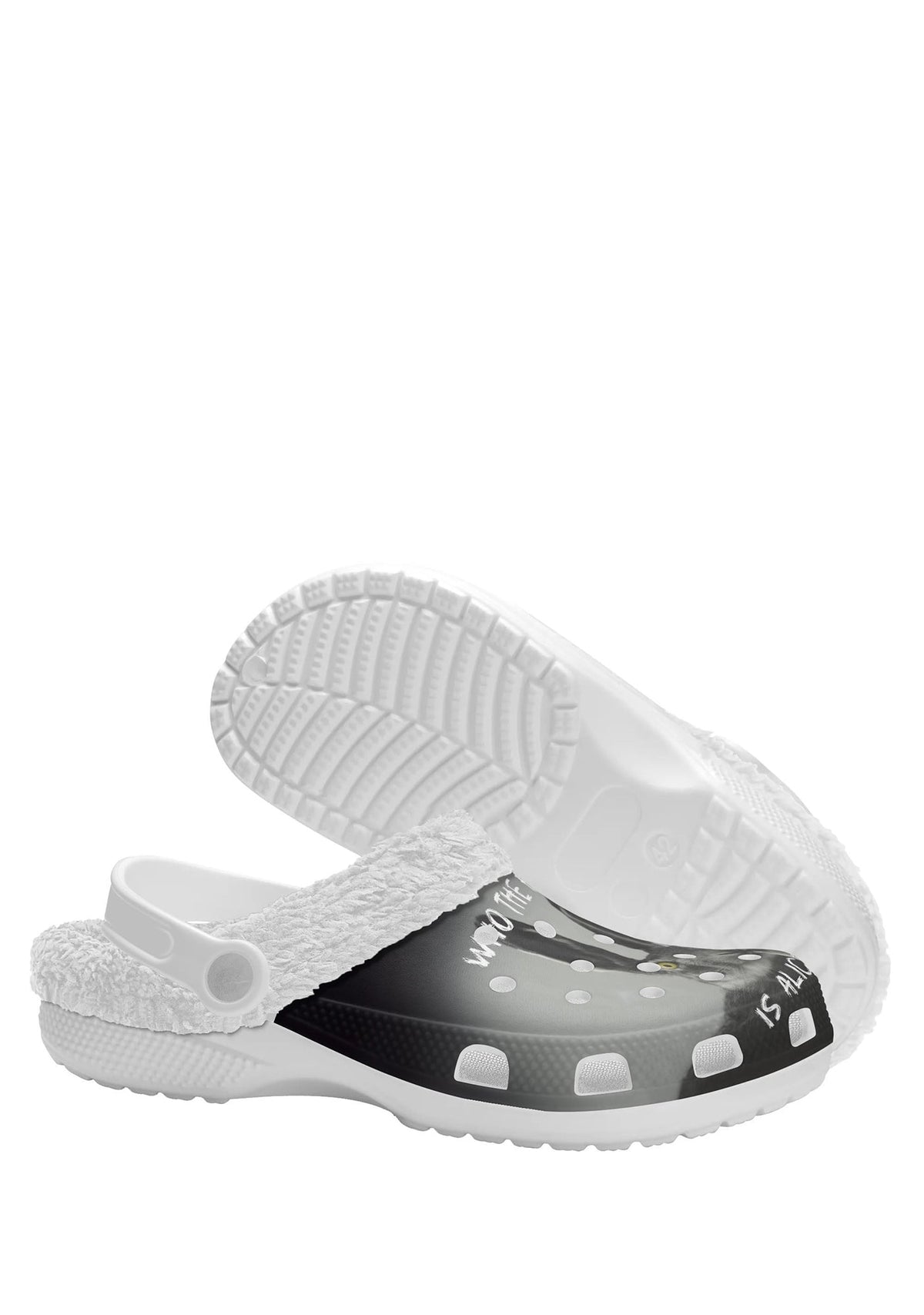 Outsole and tread detail of white fuzzy bunny slippers