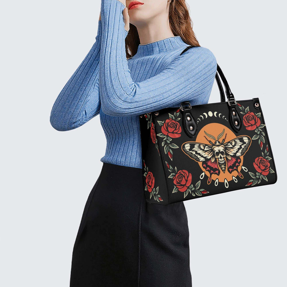 Rose Death Moth Art Print - Leather Handbag