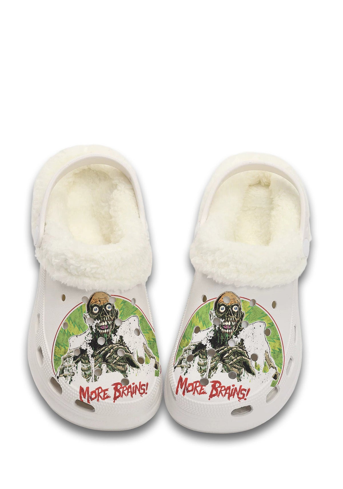 White fuzzy slippers with zombie graphic and green background