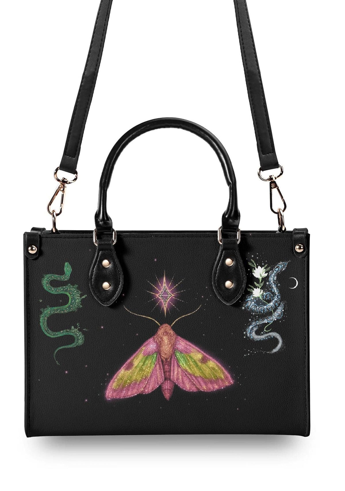 Mystic Moth and Serpent Handbag with detachable shoulder strap and front magical print, showing gothic celestial vibe