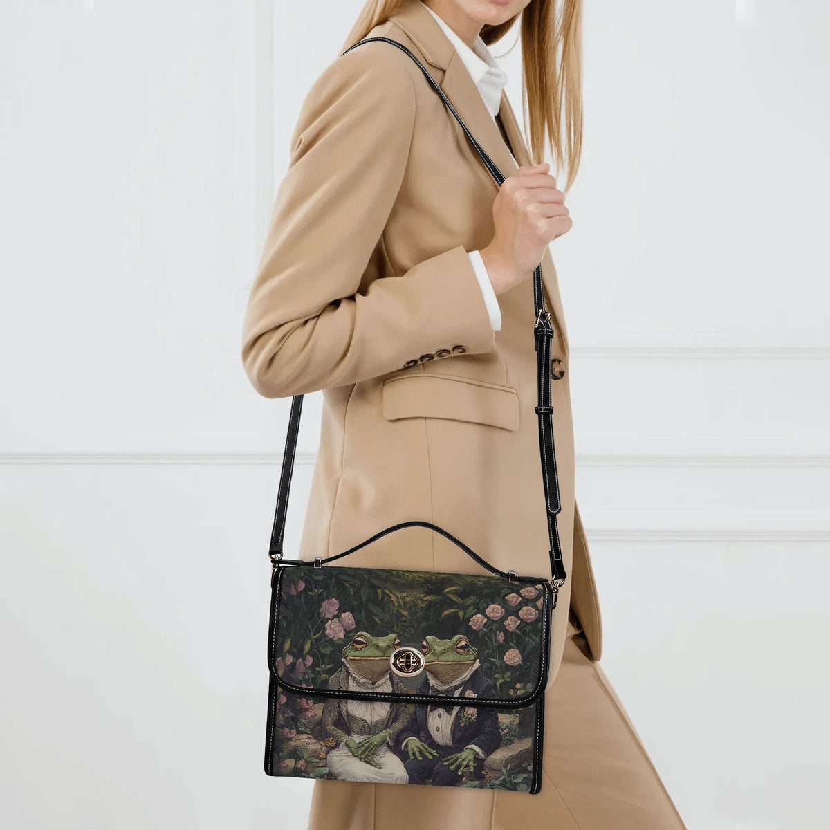 Vintage Couple Frog Print - Leather Satchel Bag