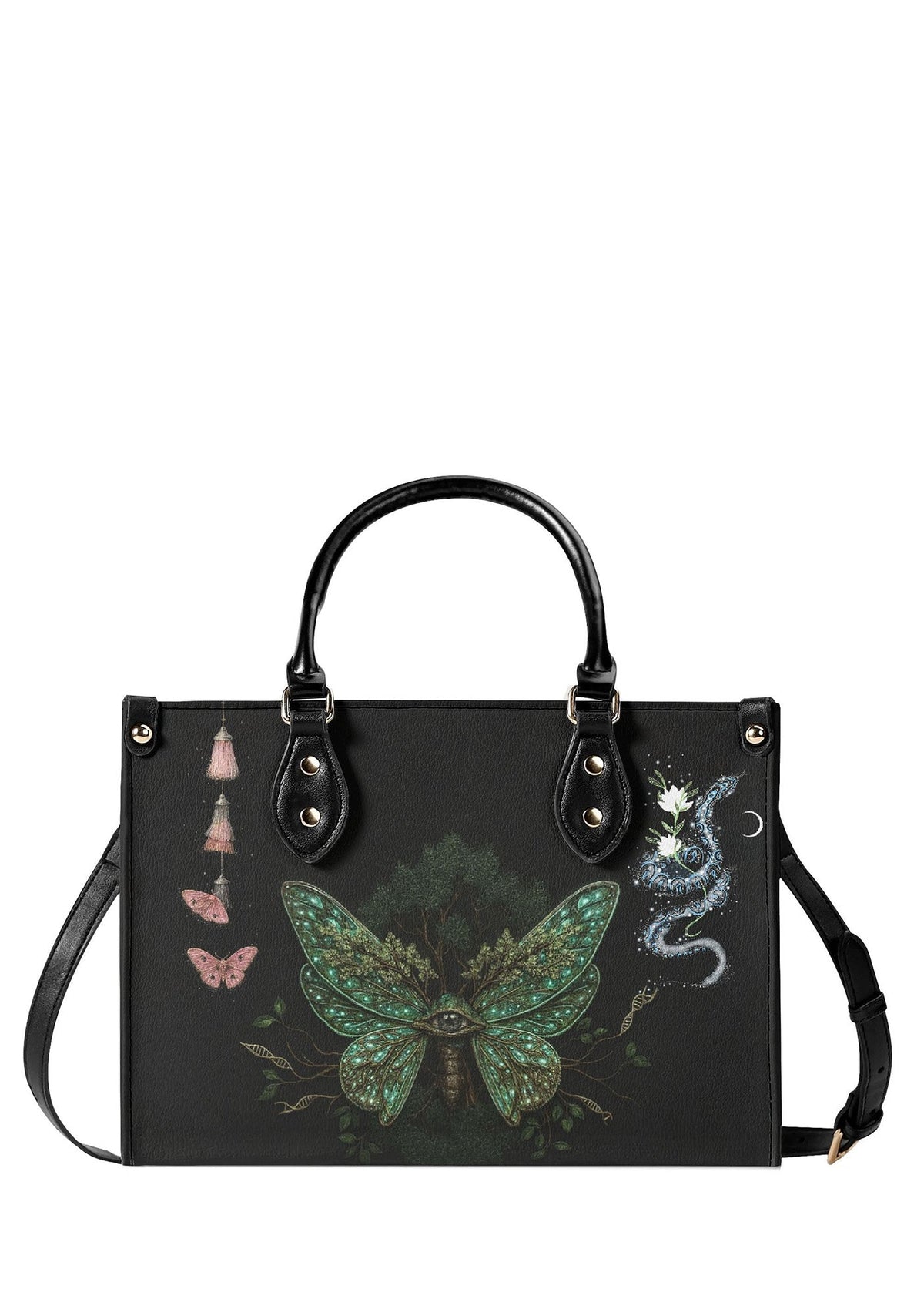 Black gothic handbag with glowing green moth, forest wings, pink tassels, and blue snake floral design on front