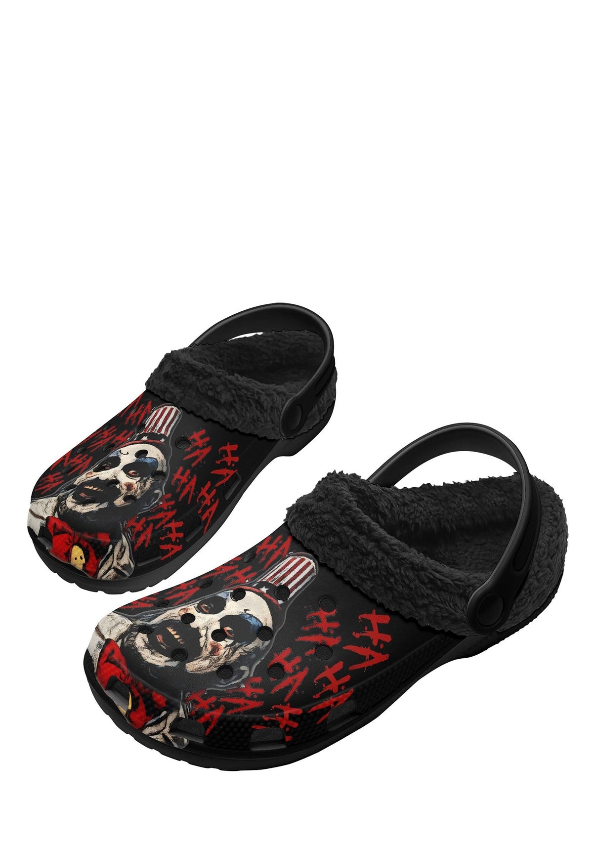 Angled view of gothic clown slippers with red graffiti and fuzzy lining