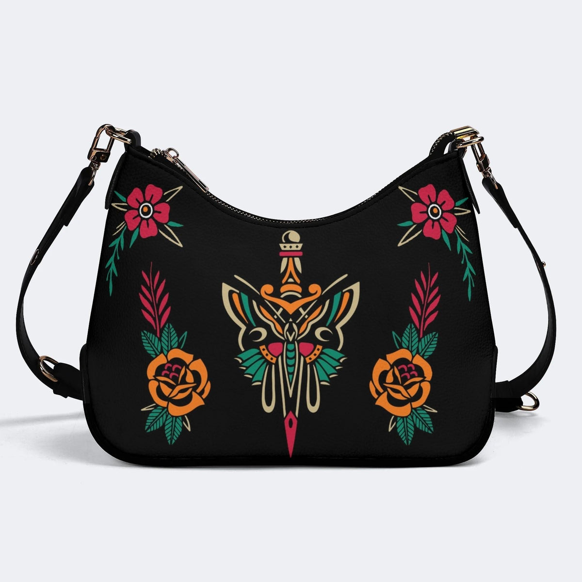 Sword And Moth Print - Leather Crossbody Bag