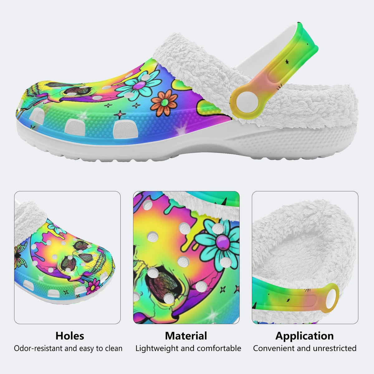 Colorful Skull Print - Fur Lined Slippers/Sandals