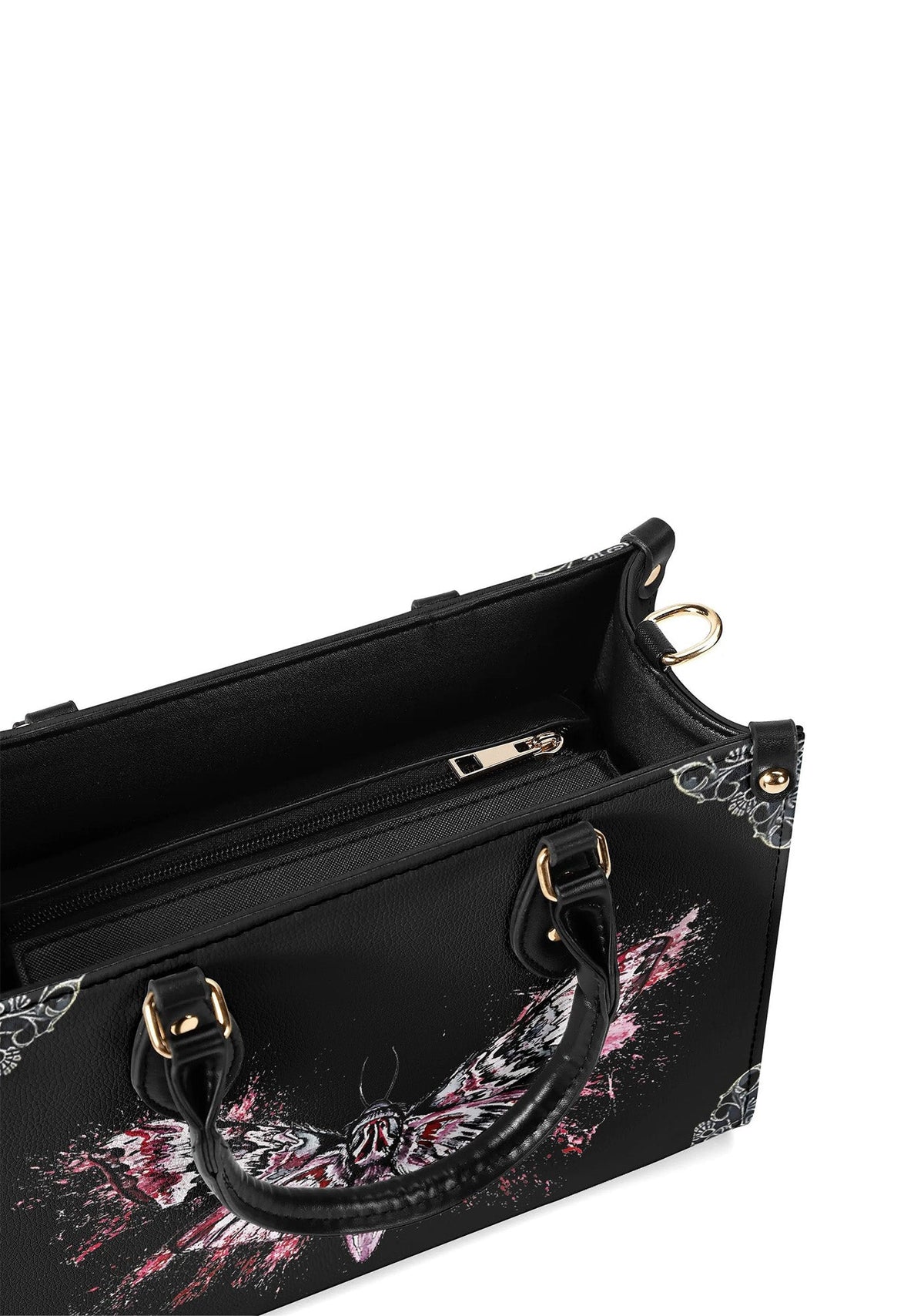 top view of gothic handbag with open zipper revealing spacious interior