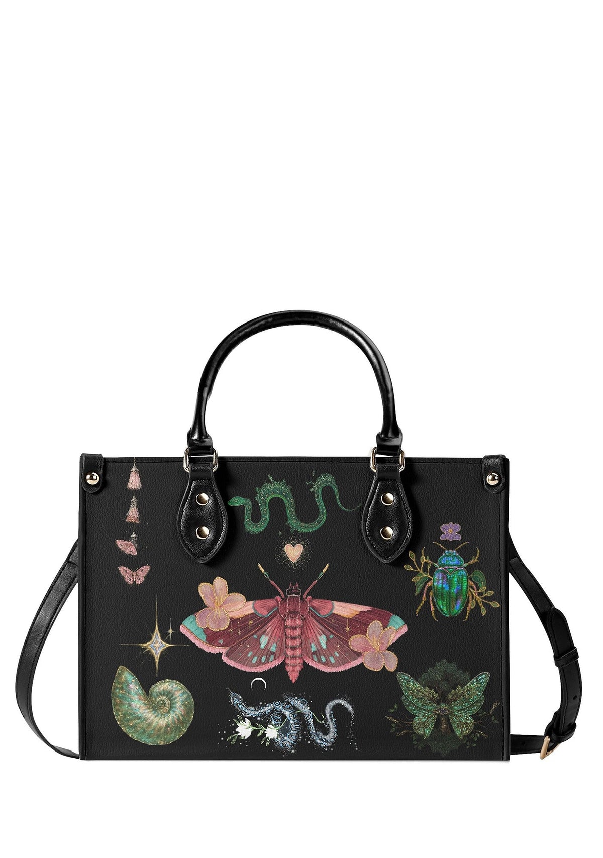 Gothic handbag with pink death moth, green beetle, and snake print on black background