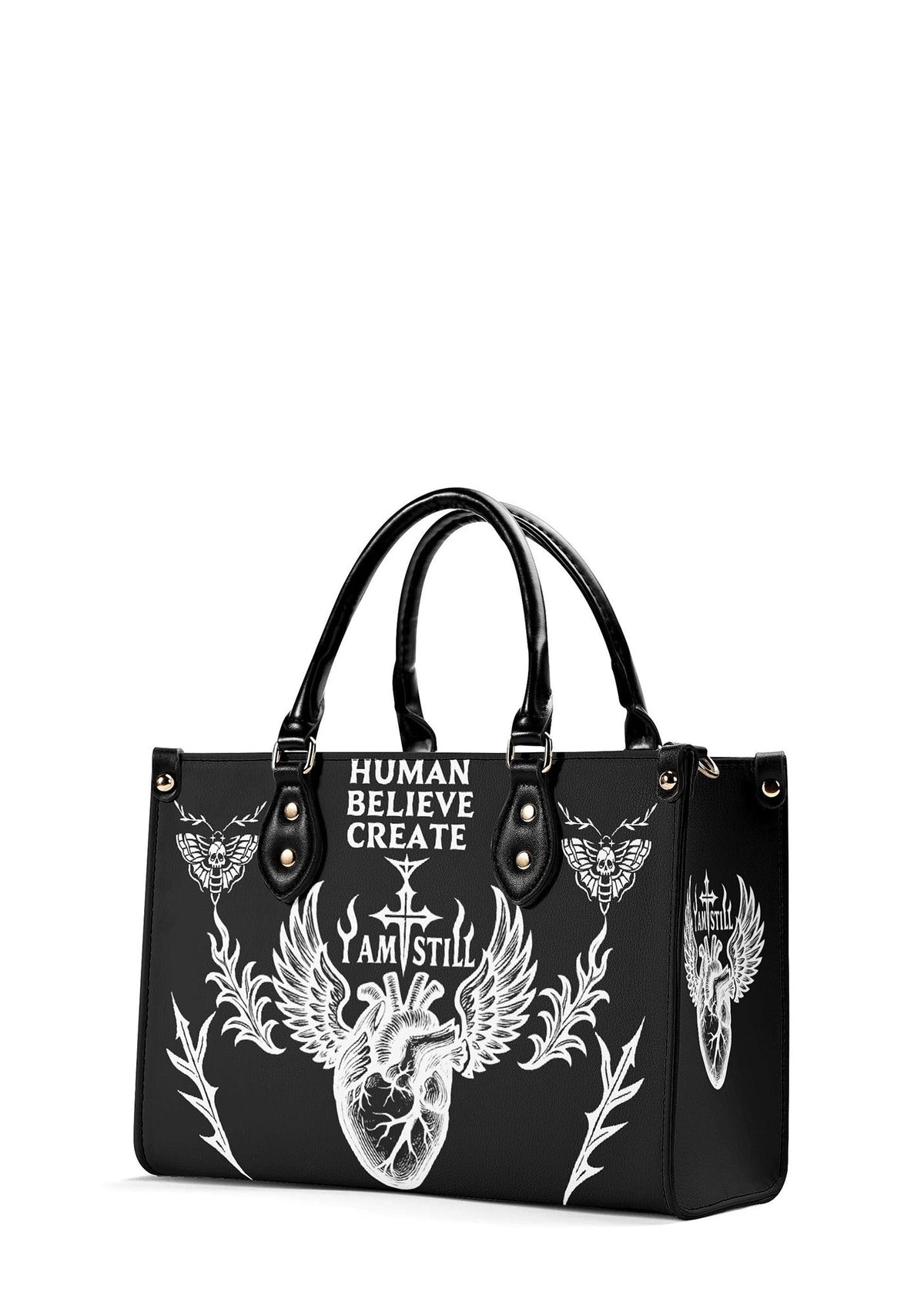Side view of gothic bag with winged heart and skull moth details