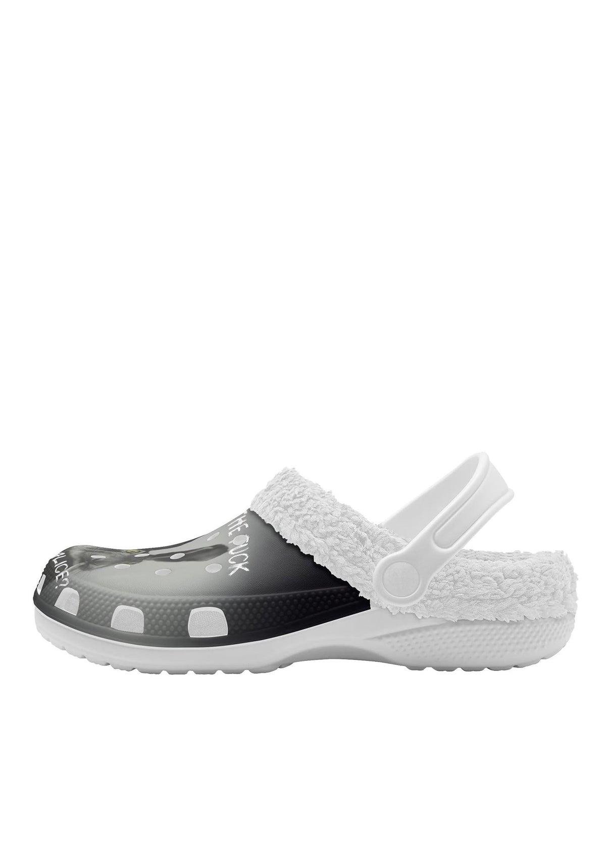 Side profile of white slippers with fluffy fleece and surreal print