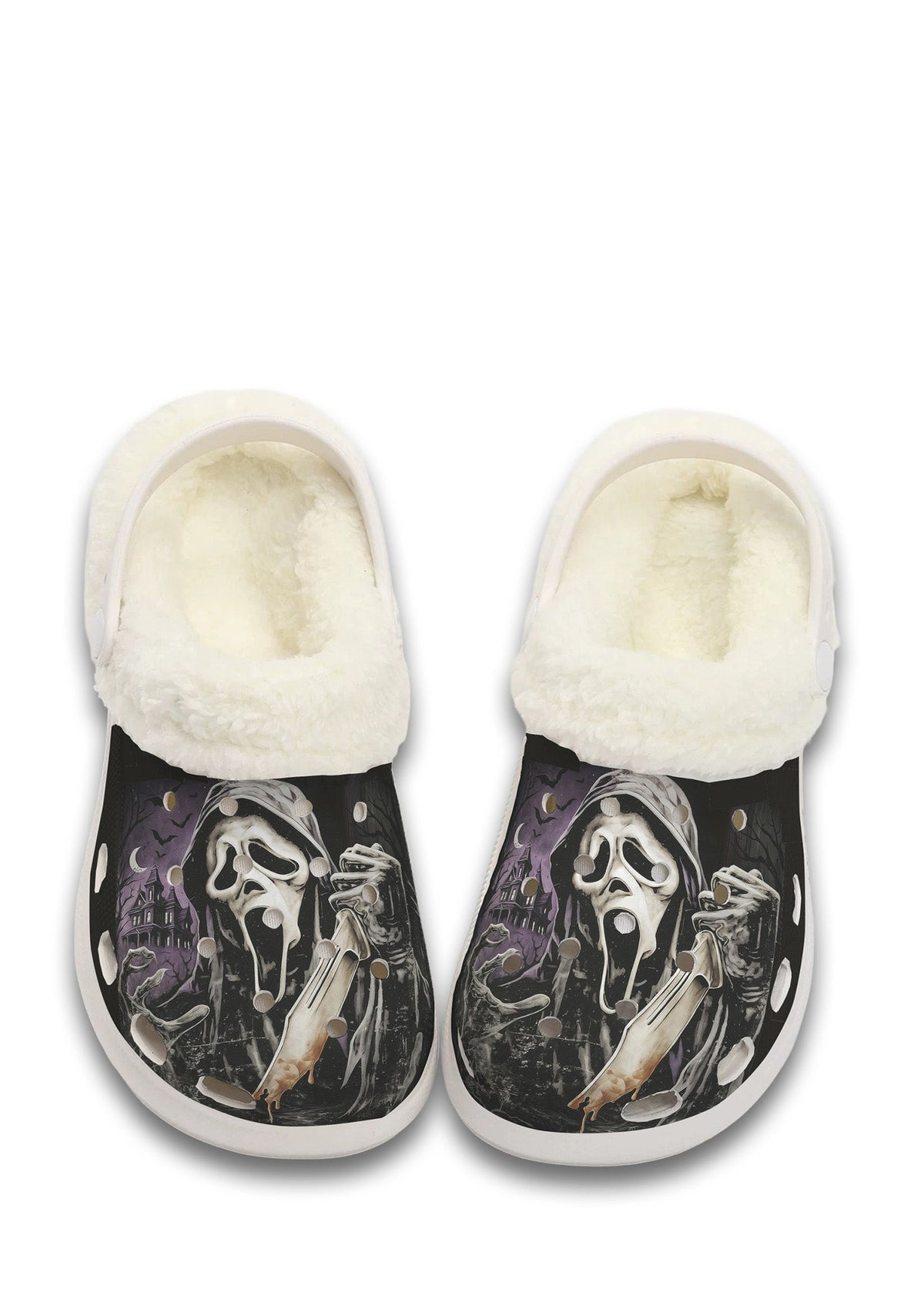 White fuzzy slippers with eerie twin ghost faces and purple sky