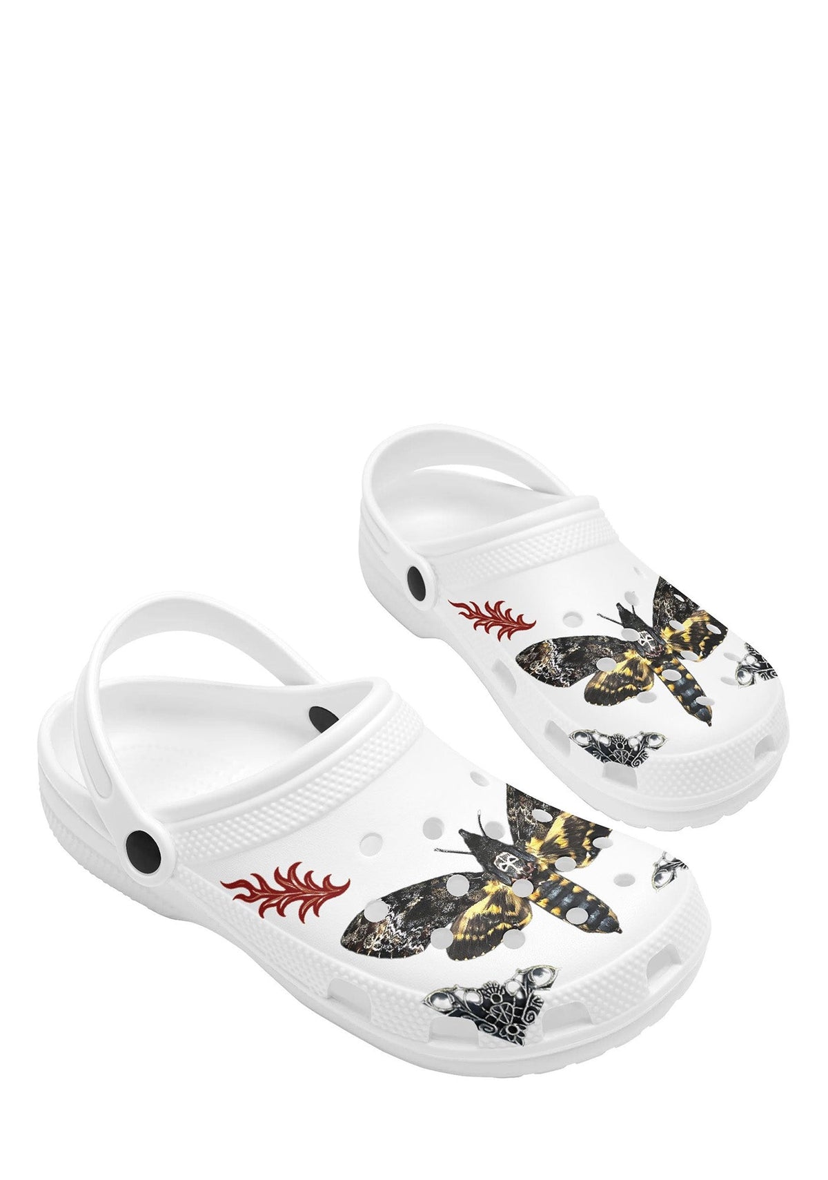 Angled rear view of white gothic clogs with red flame and moth illustrations