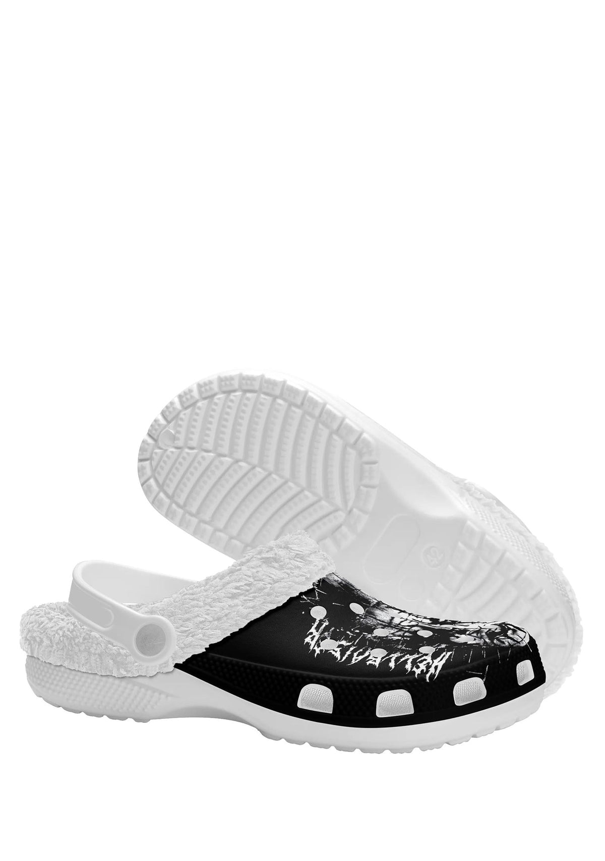 Bottom and side angle of white goth slippers with pinhead graphic