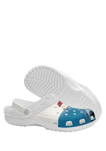 Bottom view of white shark slippers with detailed movie-inspired print