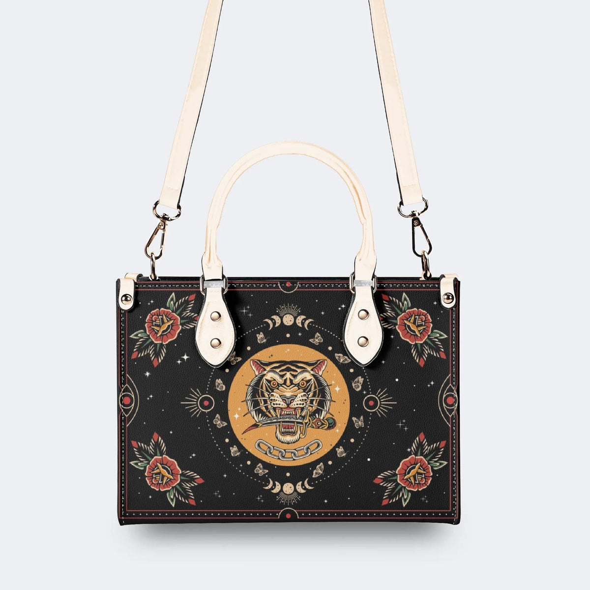 Vintage Tiger And Moth Print - Leather Handbag
