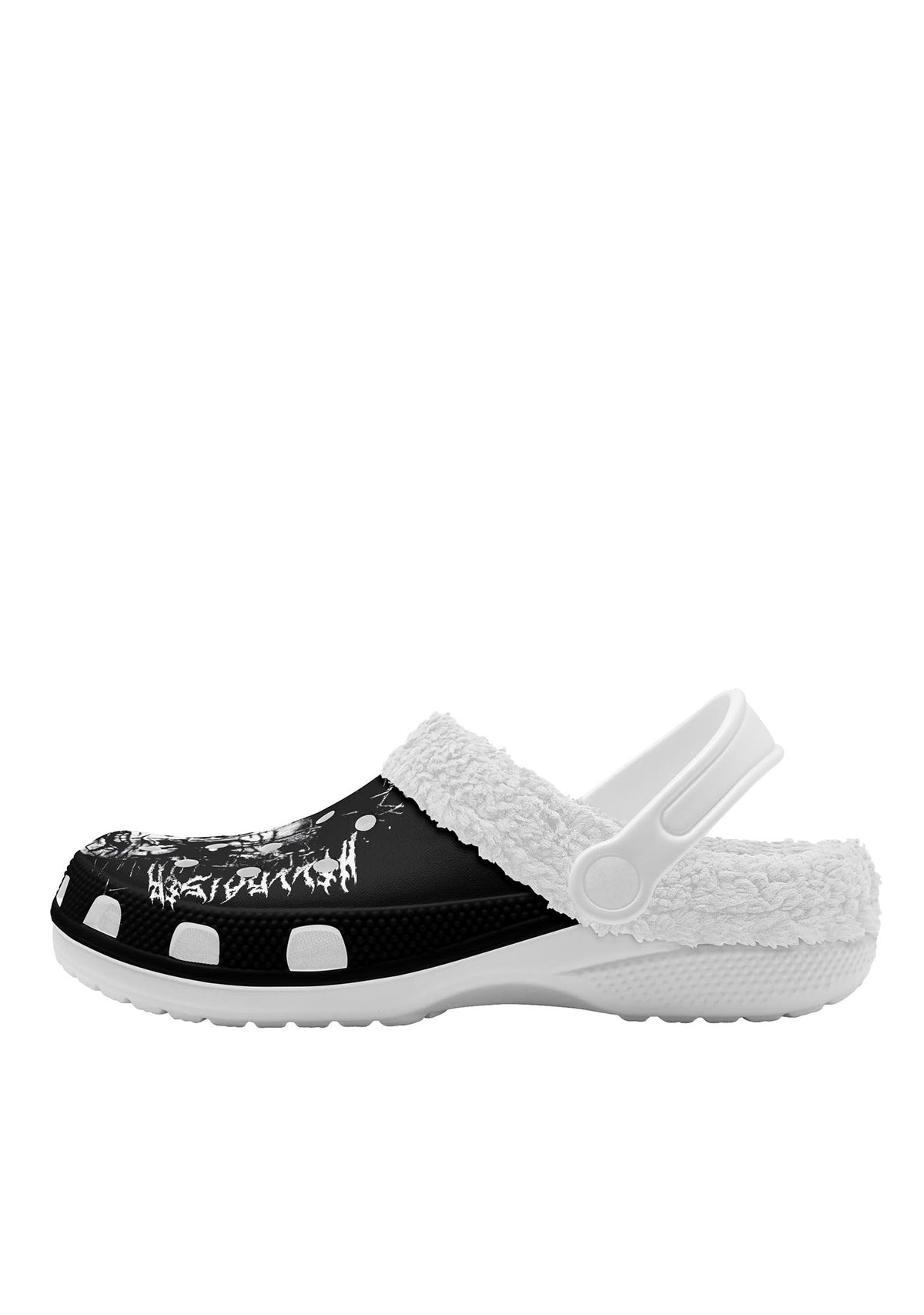 Side profile of fuzzy white slippers featuring monochrome horror design