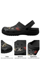 Close-up of death moth and flame tattoo print on black slipper, gothic detail