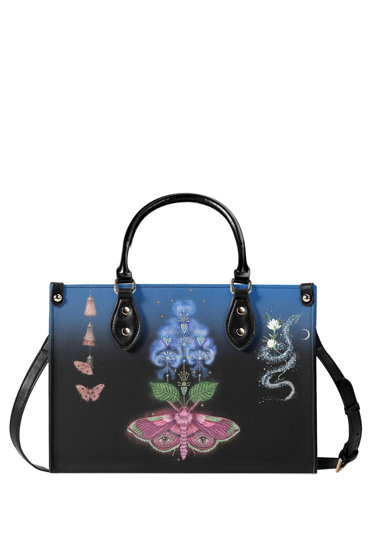 Gothic handbag with pink death moth, blue mystical flowers, and serpent motif on black-to-blue gradient background