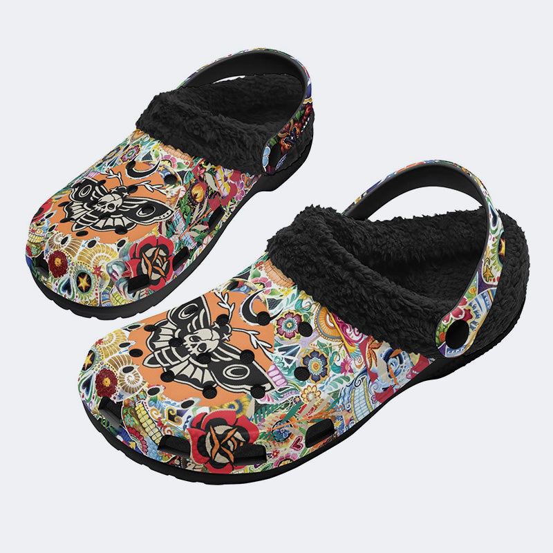 Unisex Death Moth Print - Fur Lined Slippers/Sandals
