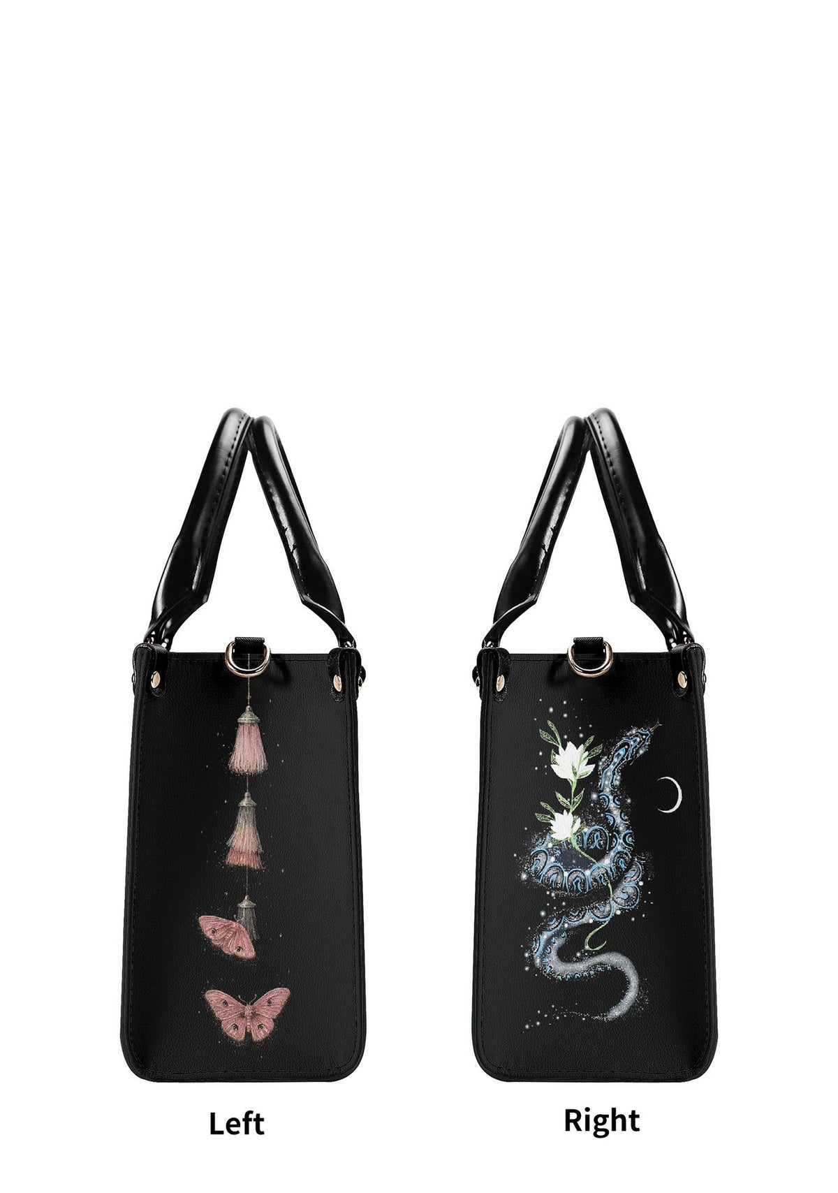 Side-by-side view of handbag showing left with pink moths and tassels, right with blue snake and moon