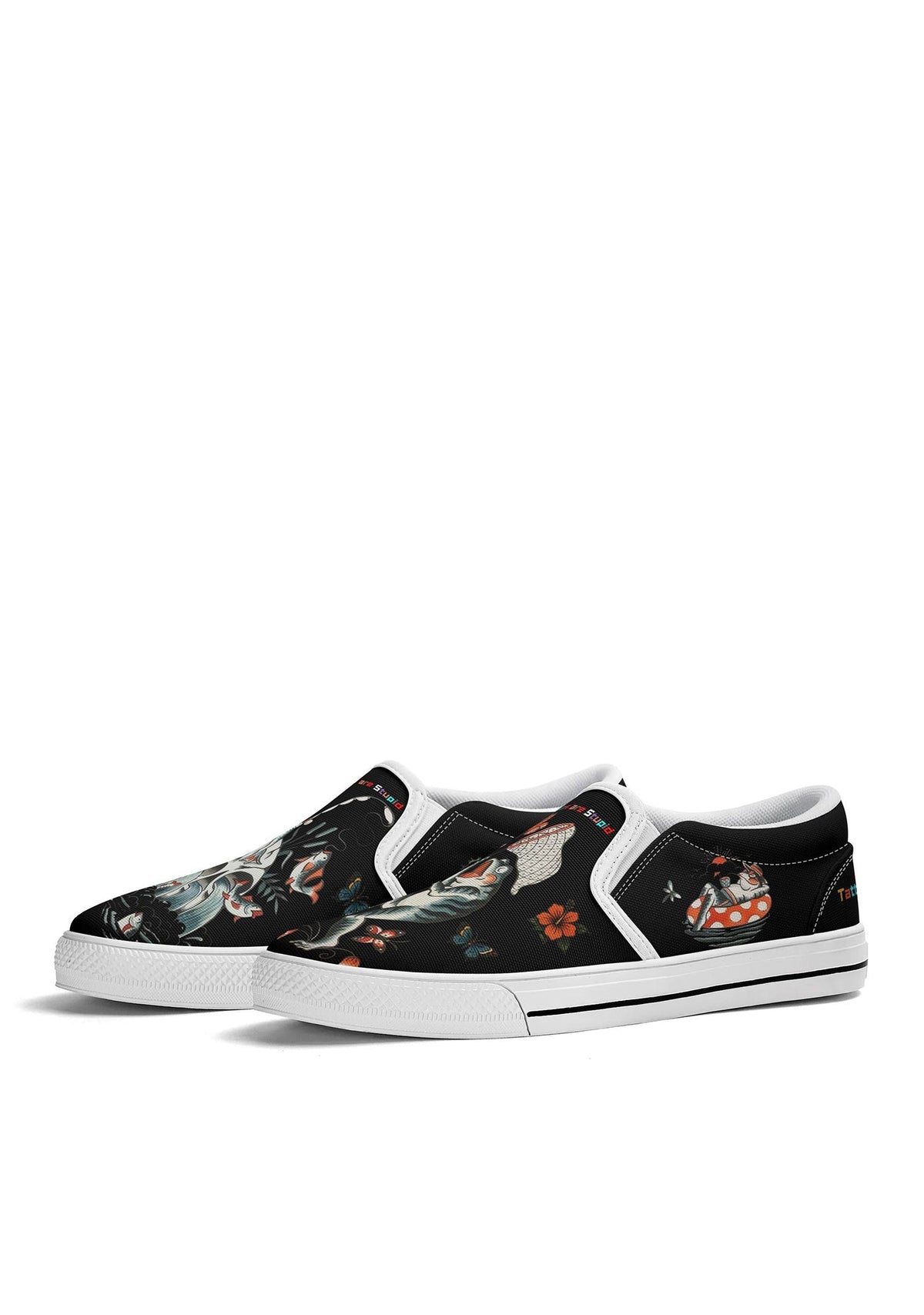 Angled view of white-edged frog slip-ons with surreal nature tattoo graphics