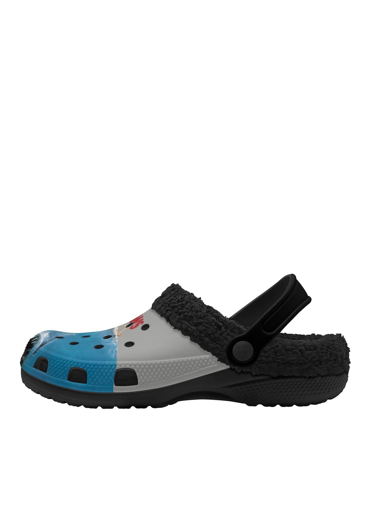 Side profile of black shark slippers with bold aquatic horror motif