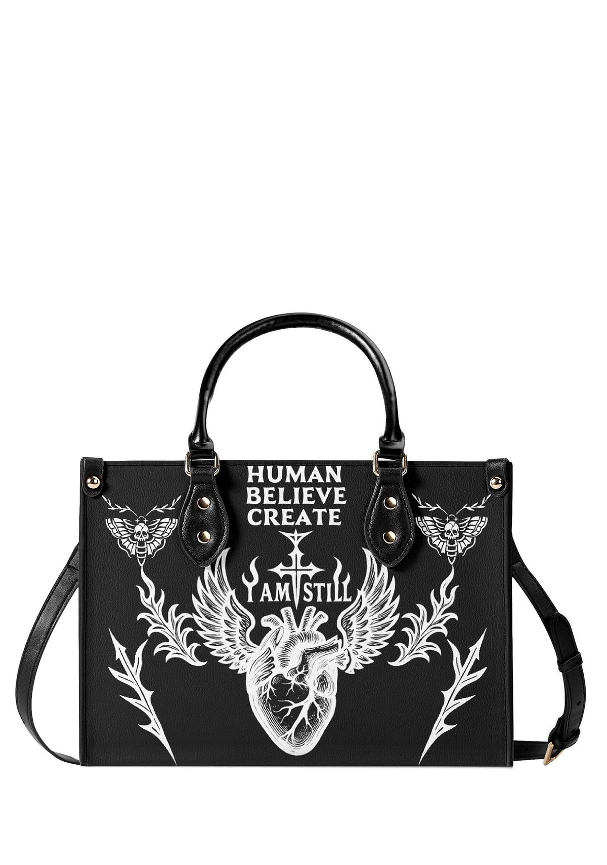 Black gothic handbag with anatomical heart and "I Am Still" quote