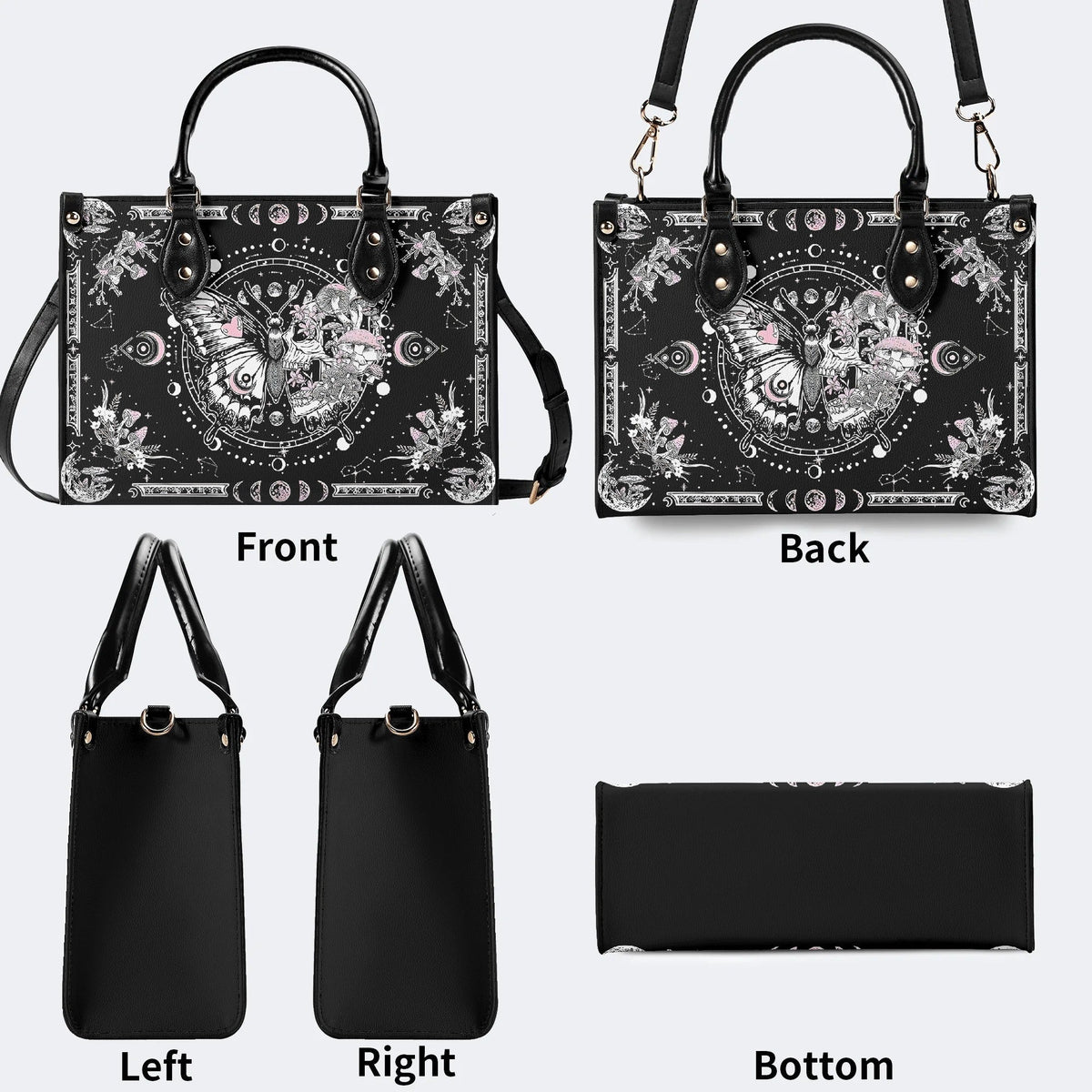 Tarot Skull Butterfly Print - Leather Handbag