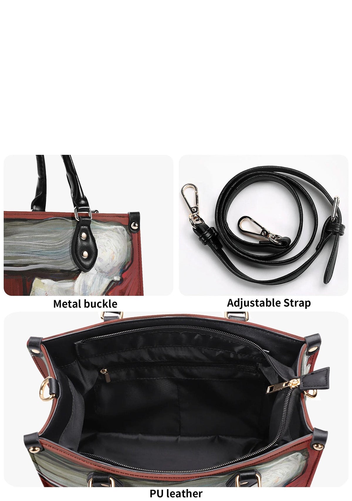 Close-up of black strap, gold metal hardware, and textured print of the gothic art bag