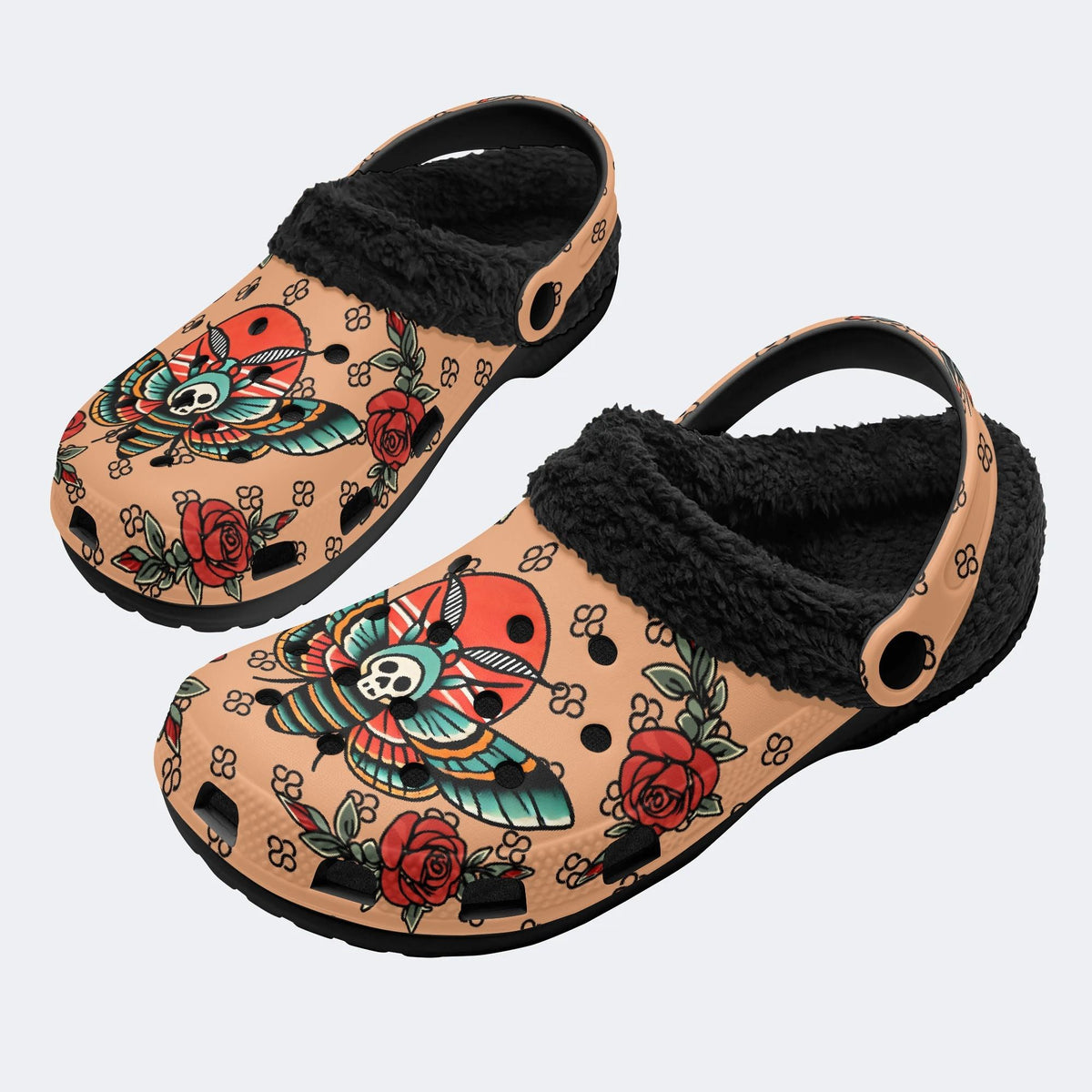 Vintage Rose Death Moth - Fur Lined Slippers/Sandals