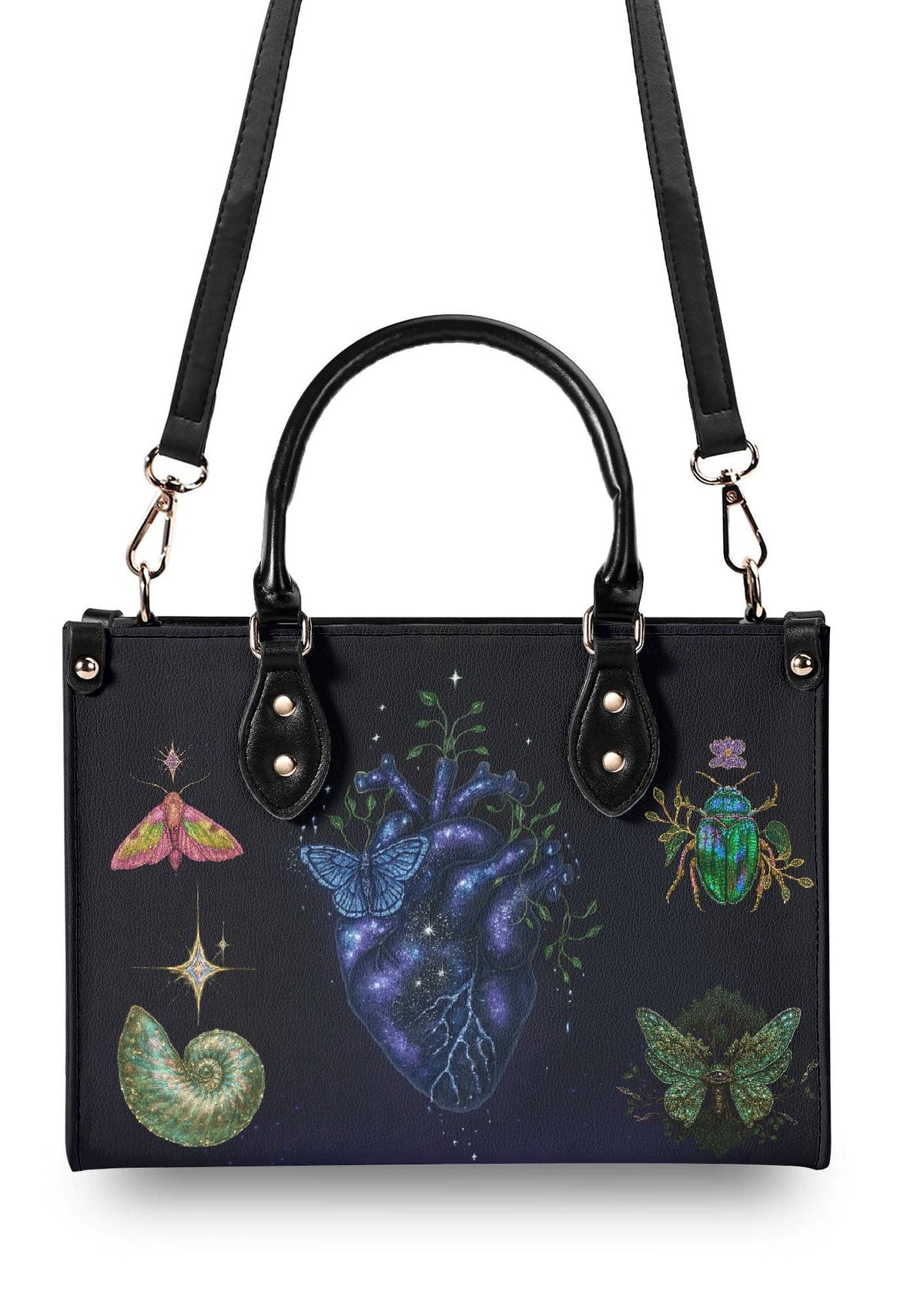 Top handle and adjustable crossbody strap of the cosmic heart print bag