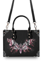 rear view of the Tattoo Moth Graffiti Handbag with adjustable strap attached