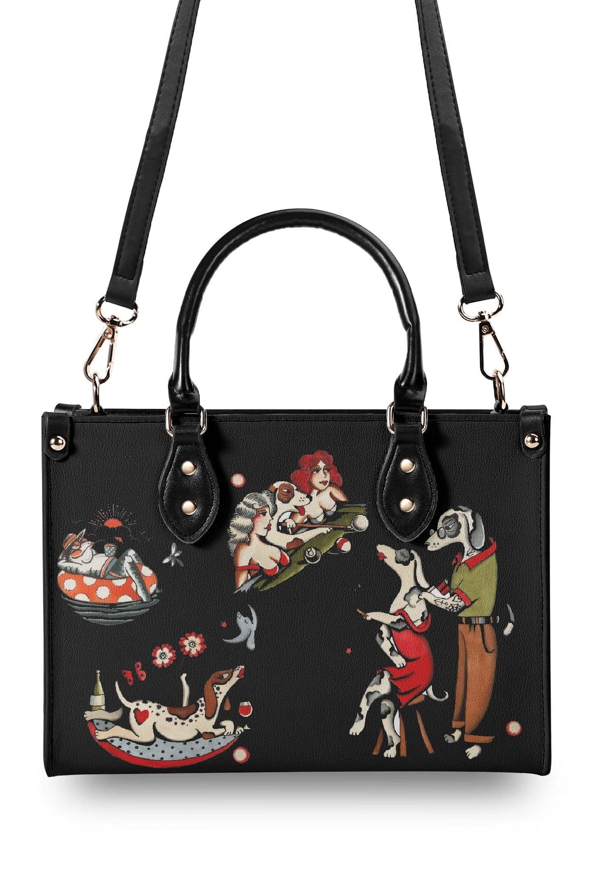 Back of structured black handbag with classic tattoo art of girls and dogs
