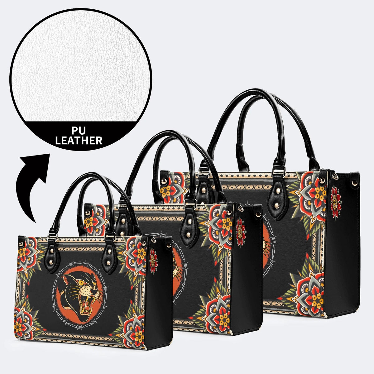 Vintage Black Panther With Flowers - Leather Handbag