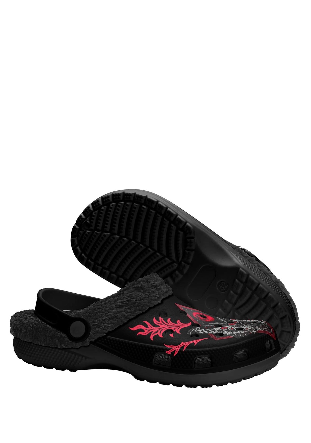 Sole view of slippers with tread design and gothic vibe