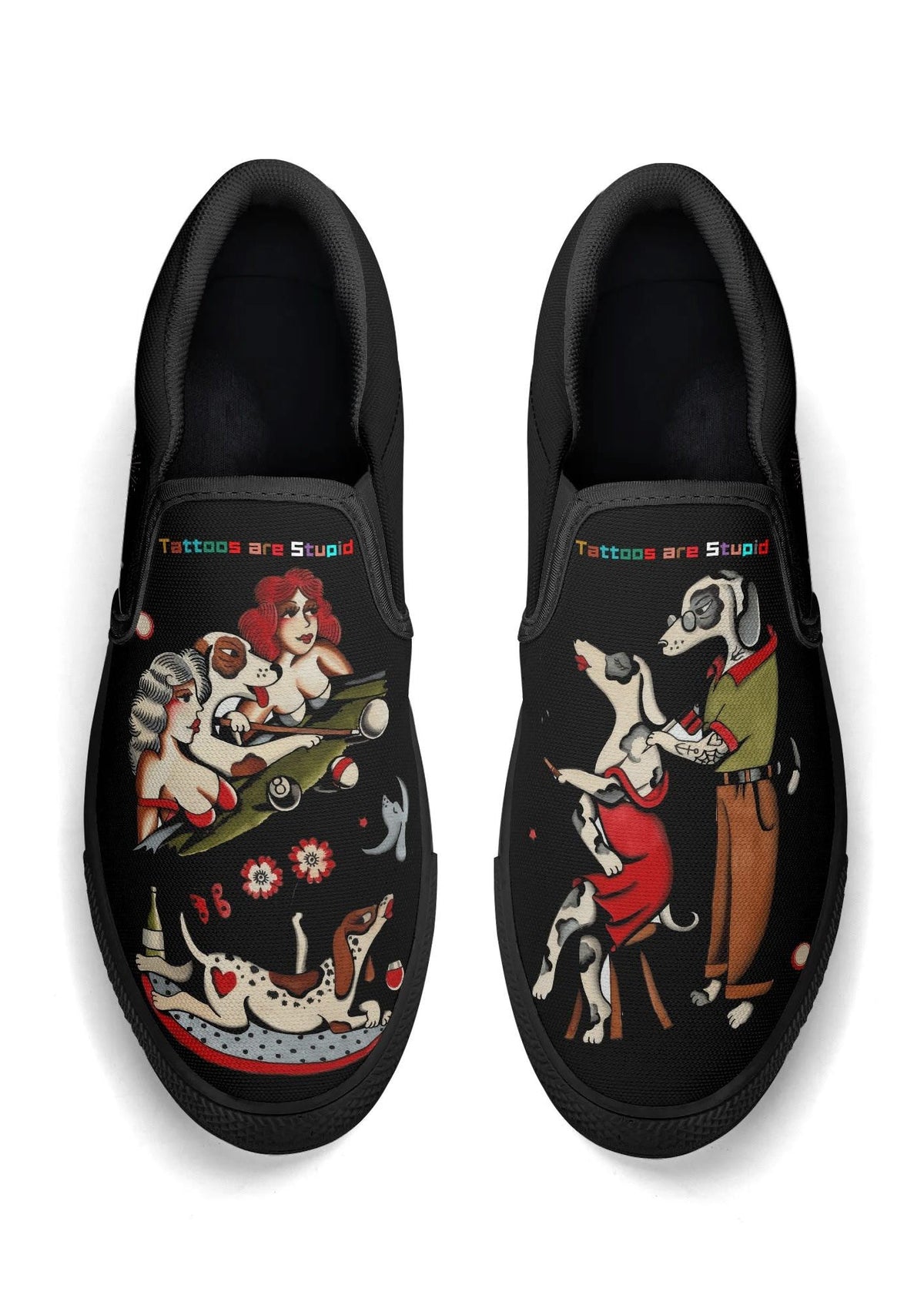 Black slip-on shoes with retro tattoo art of pin-up girls and dogs