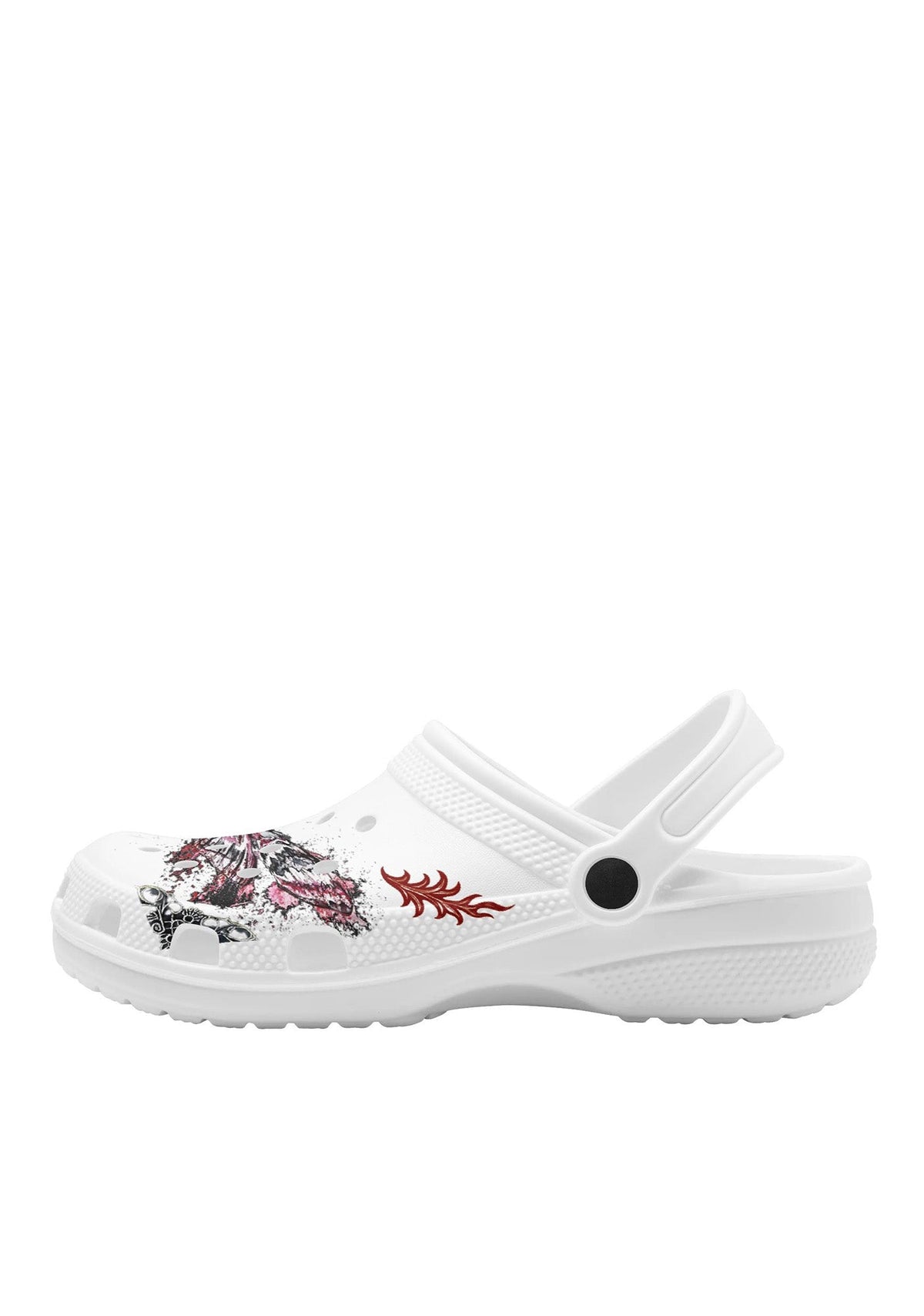 Side view of left white clog showing red flame and detailed pink-black moth tattoo design