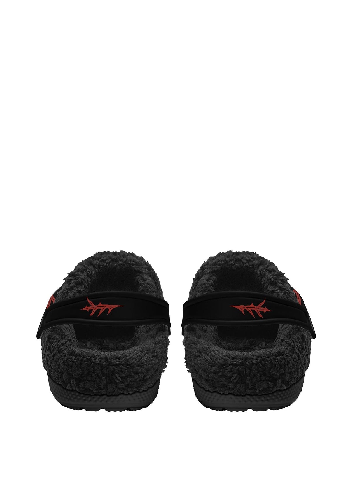 Rear view of cozy slippers with venom moth print and flame detail