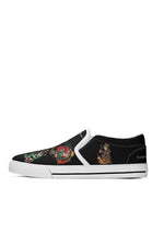 Profile view of frog tattoo canvas sneakers with white outsole and humorous surreal designs