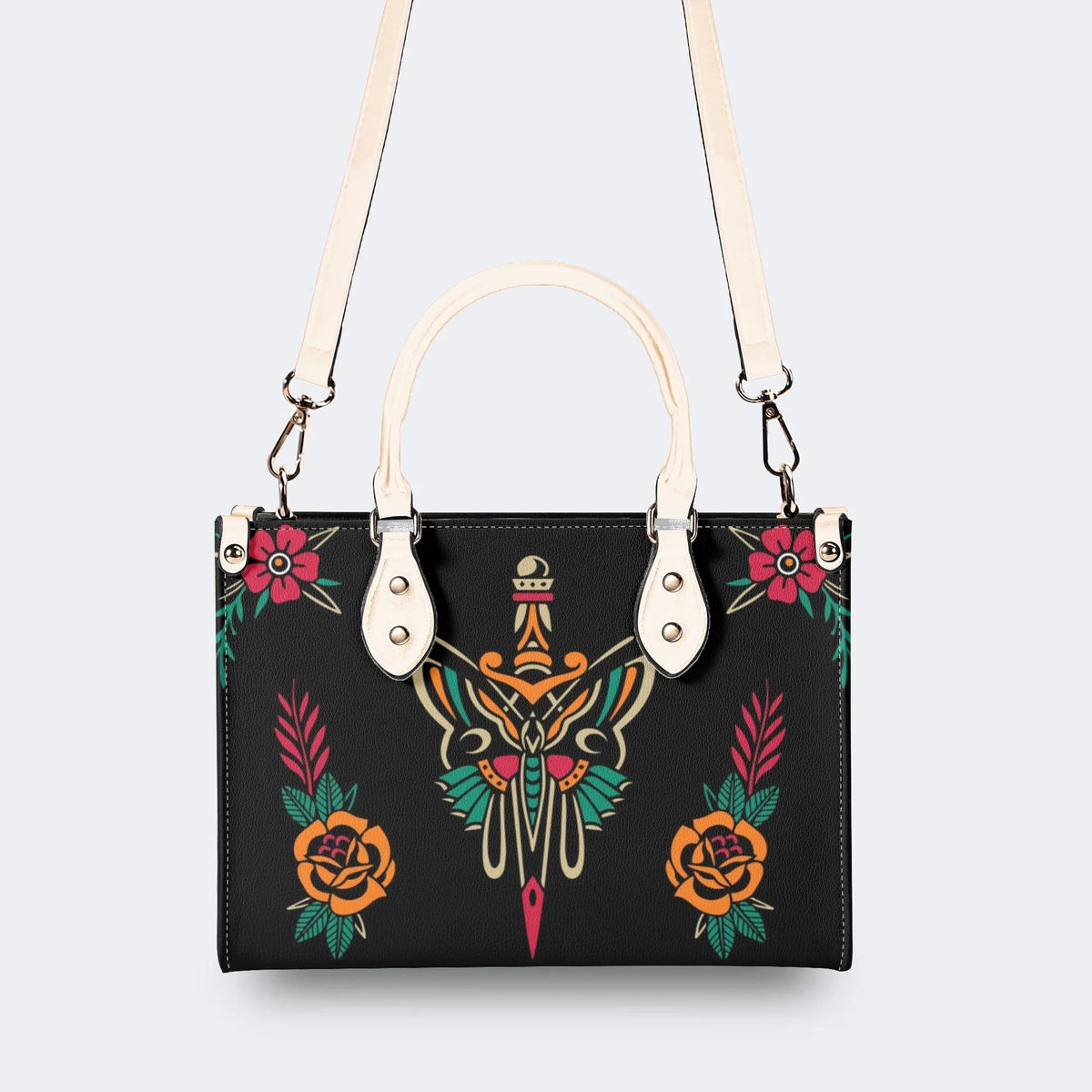 Sword And Moth Print - Leather Handbag