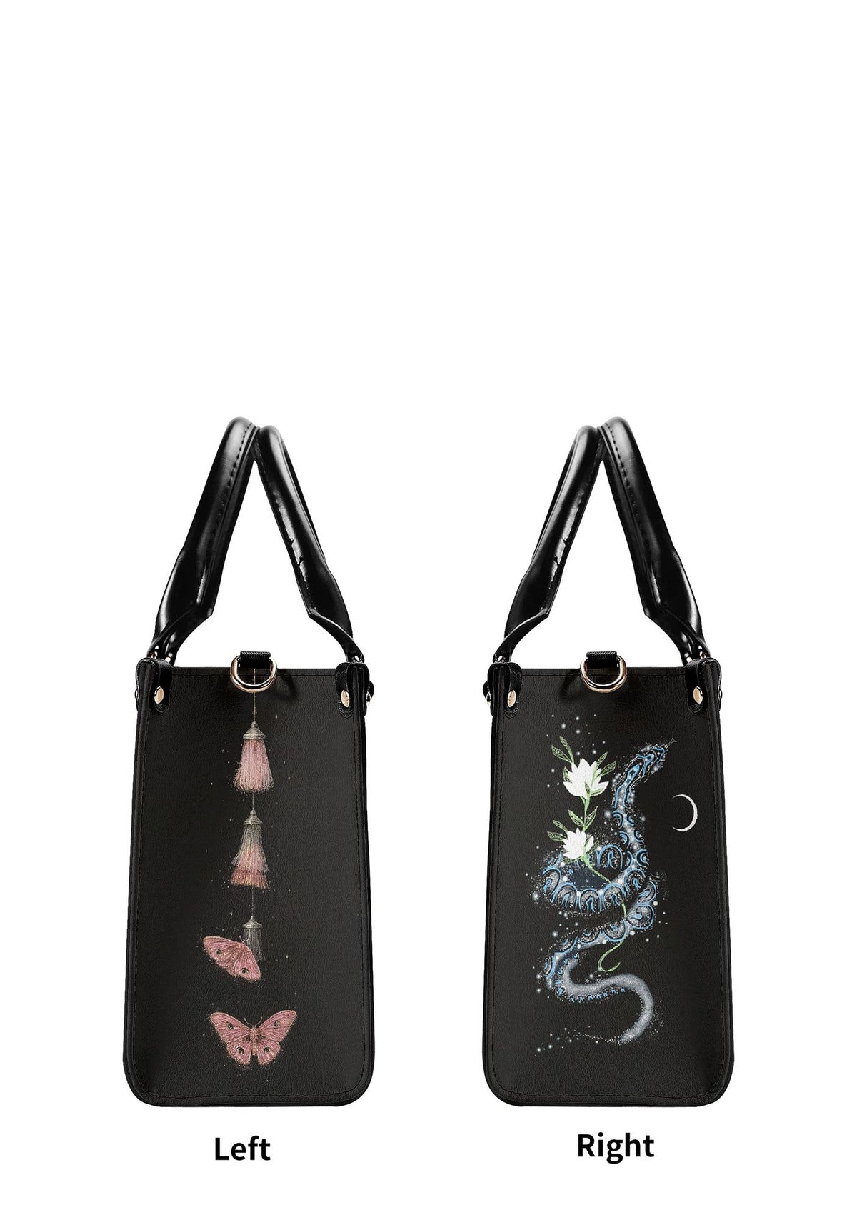 Left and right sides of gothic handbag – one with tassel butterflies, the other with a lunar dragon and white lily