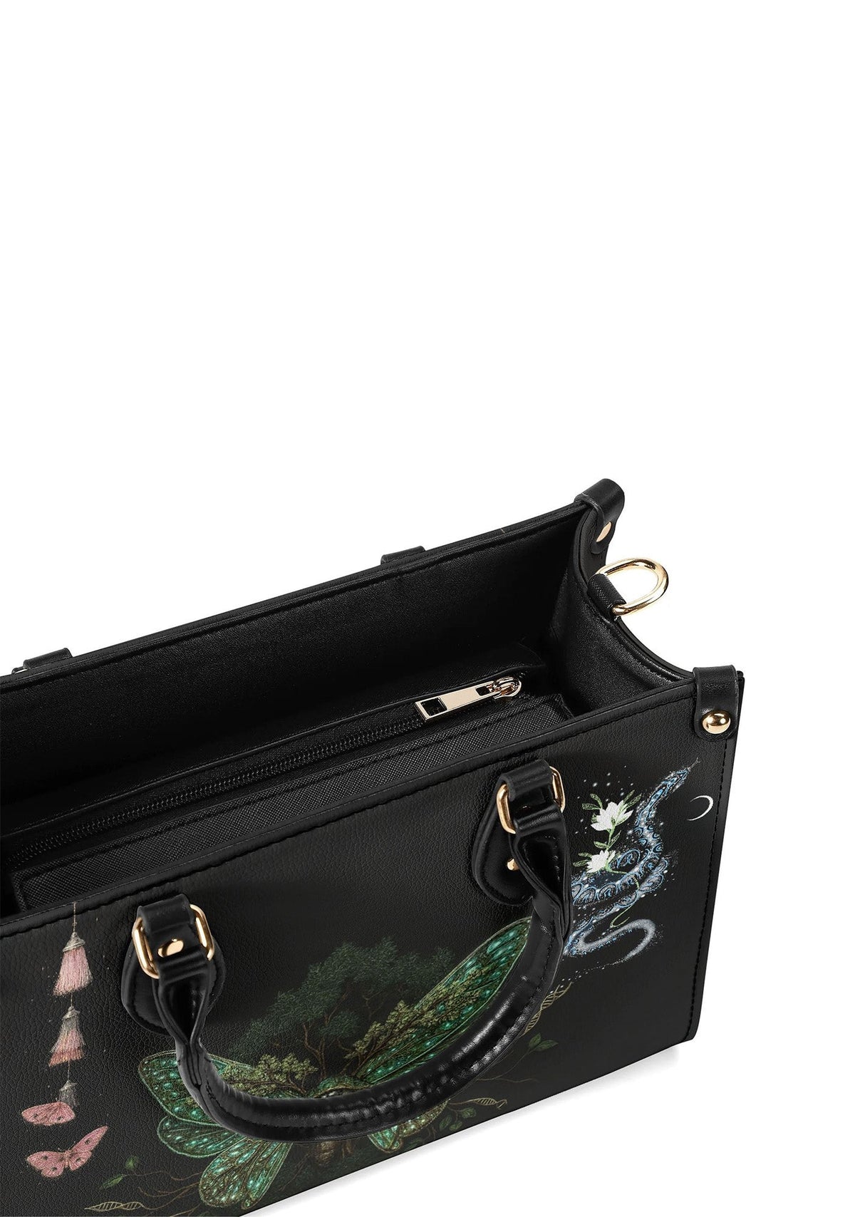 Top view of gothic handbag showing inner zip pocket and snake detail print near zipper