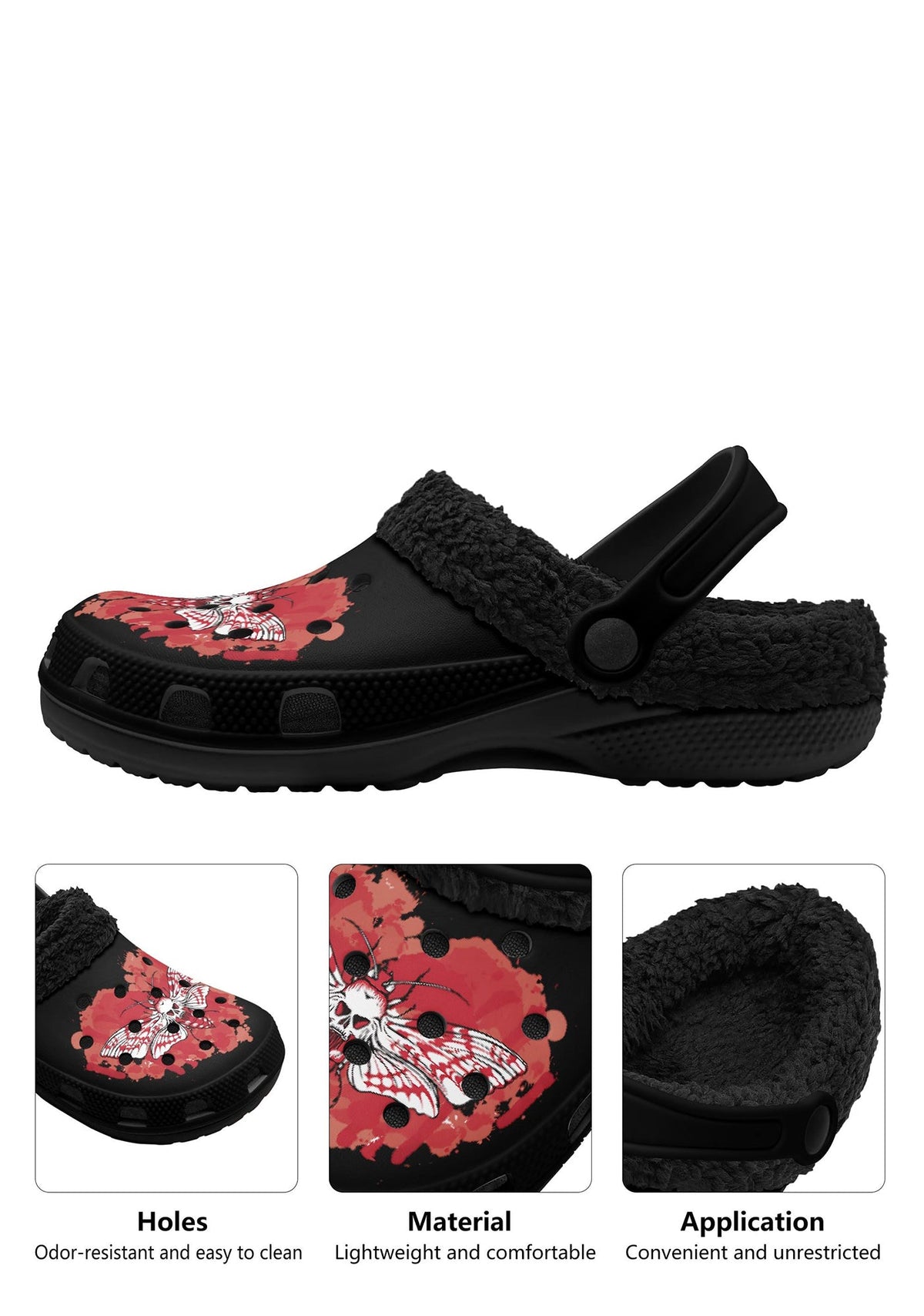 Close-up of white-red skull moth tattoo over red ink splatter