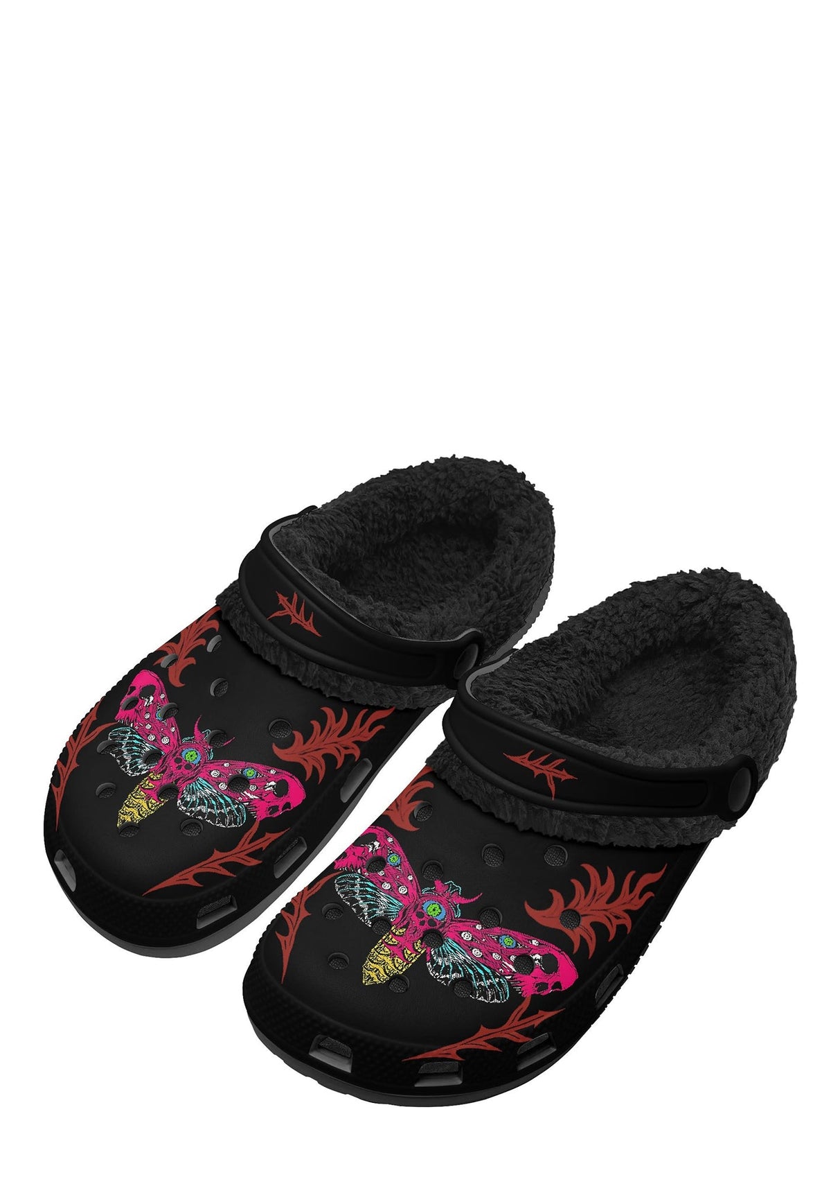 Neon Wings slippers – front view of black fuzzy slippers